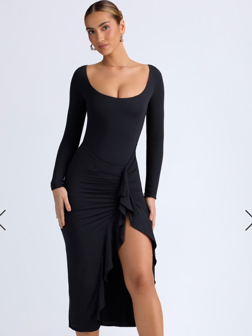 Scoop Neck Long Sleeve Beige Midi Dress with Front Ruffle Slit